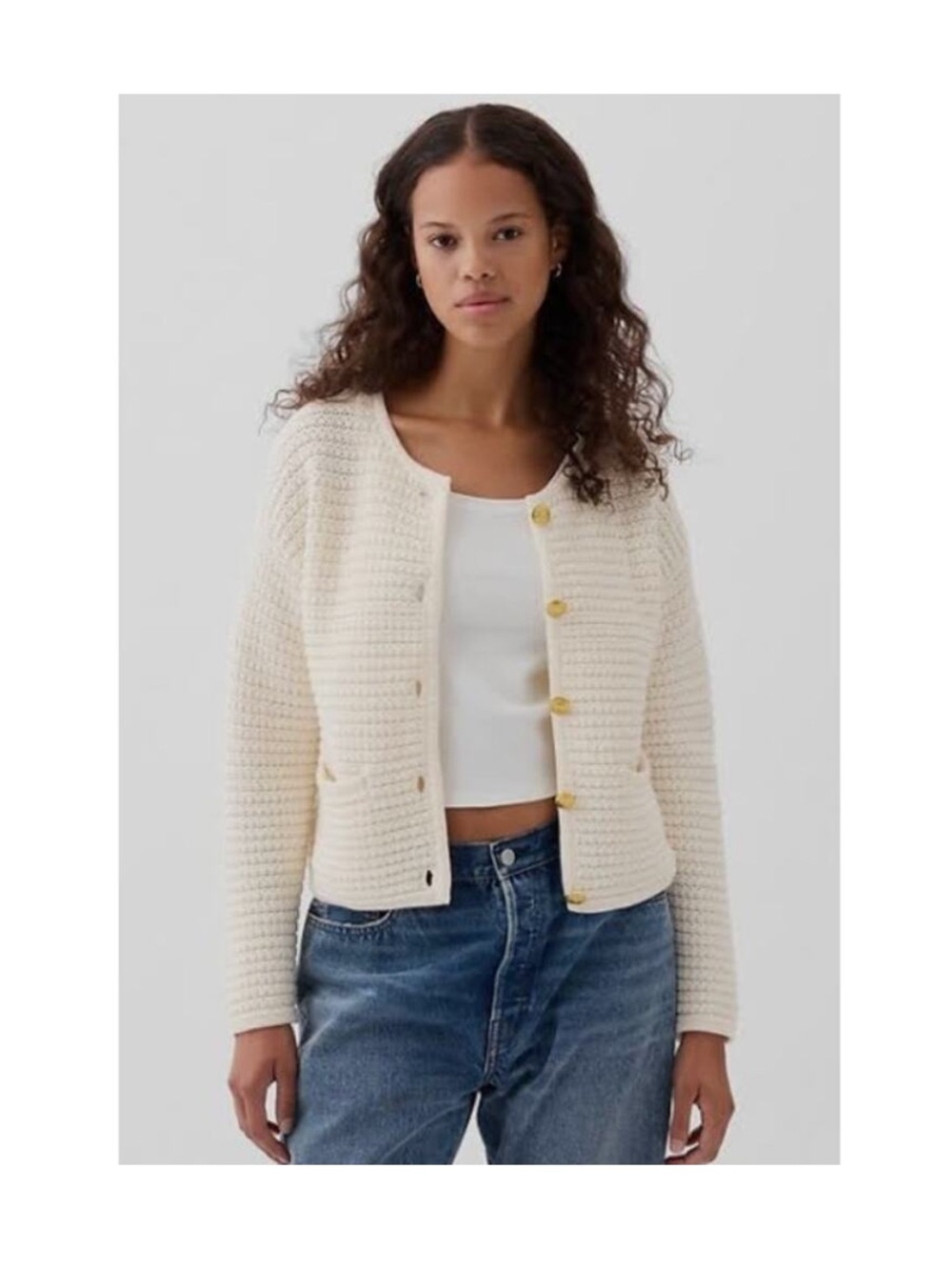 GAP Textured Sweater Jacket Gold Button Cardigan Ivory Frost Small